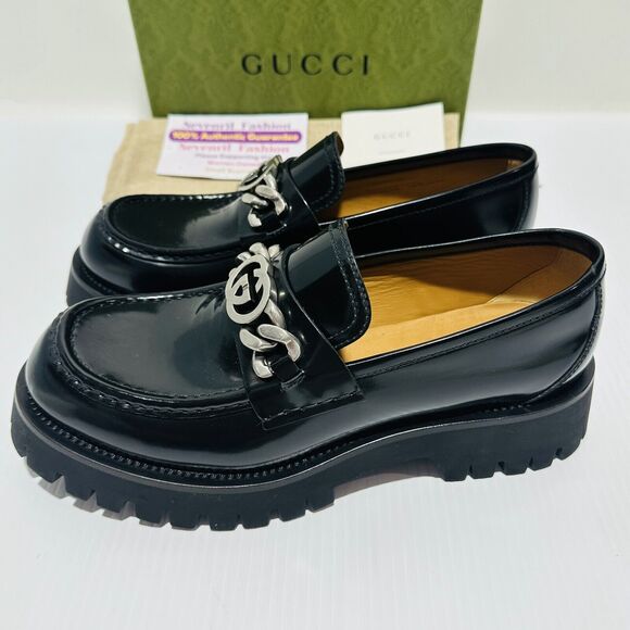 Gucci Interlocking G Chain 10/ US 10.5 Loafers Black Leather Lug Sole Shoes NIB - Picture 7 of 16